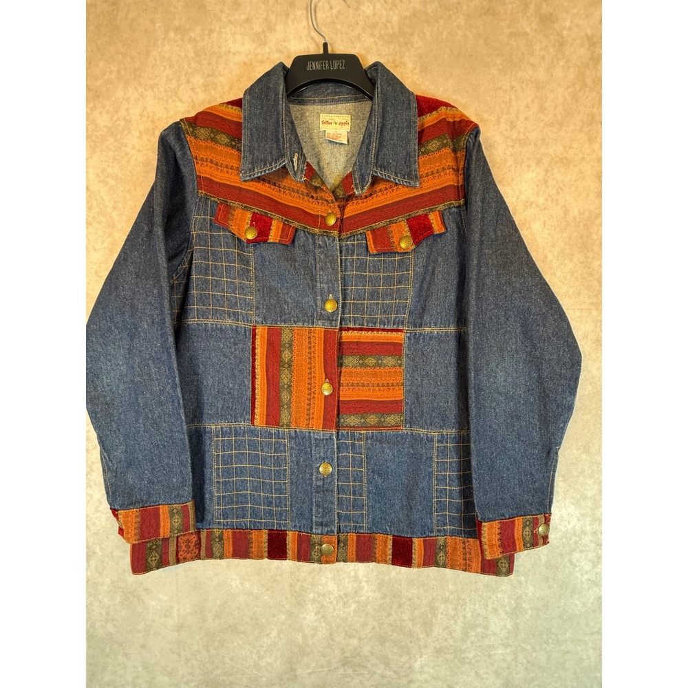 VTG Toffee Apple Denim Jacket Women L Blue Orange Patchwork Tapestry Boho Wester